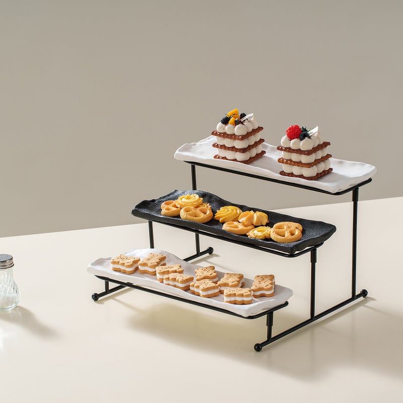 Shallow 3-Tier Porcelain Ceramic Serving Stand-31cm Stepped "Taqdeem" Set – Food Tower for Ramadan,Eid & Festive Majlis - Mawaheen for Appetizers, Desserts&Coffee Stations (White&Black) - Image 5
